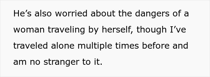 A screenshot of text on a light background, discussing a woman traveling by herself and her dream trip.