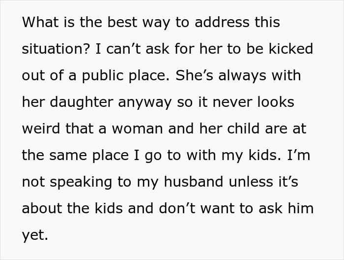 Text seeking advice on handling mistress appearing with her child in shared spaces