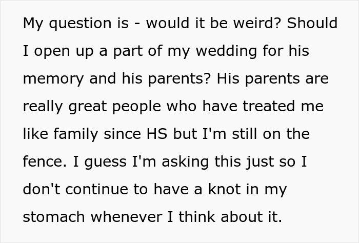 Man questioning if having late husband's parents walk down aisle is strange
