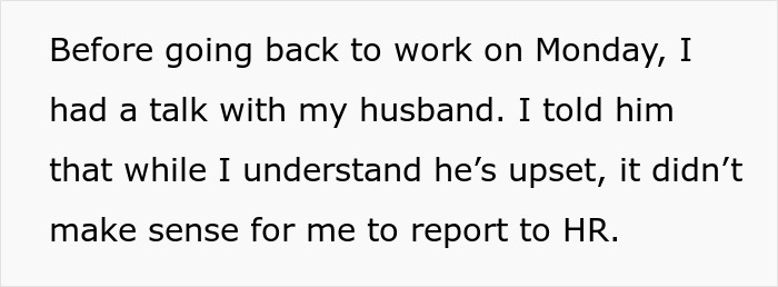 Text snippet on a gray background, discussing talking with a husband about reporting to HR. Lunch invite turns into a date.