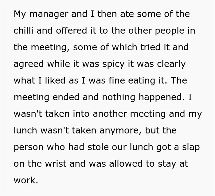 Text from an office food thief story about the ghost pepper chili incident and the aftermath with HR. Text from an office food thief story about the ghost pepper chili incident and the aftermath with HR.