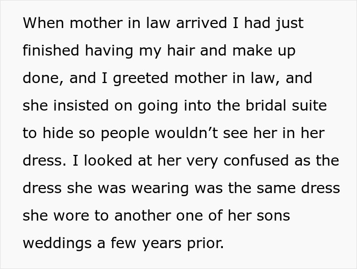 Text about mother-in-law hiding in bridal suite and wearing a reused dress Text about mother-in-law hiding in bridal suite and wearing a reused dress