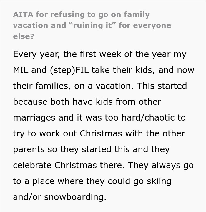 Text about refusing family vacation causing conflict with MIL Text about refusing family vacation causing conflict with MIL