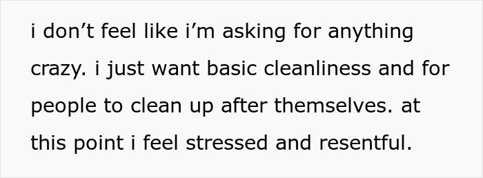 Text snippet: "I don't feel like I'm asking for anything crazy. I just want basic cleanliness and for people to clean up after themselves. At this point I feel stressed and resentful." This highlights the struggle of a maid in a cleaning dispute.
