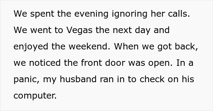 Text describing a broke in son house scenario: an open front door after a trip, revealing a potential break-in.