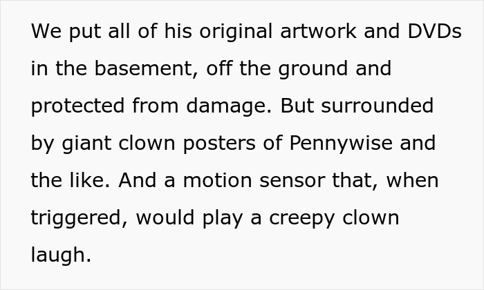 Text describes replacing items with clowns, specifically clown posters and a motion sensor playing a creepy clown laugh.
