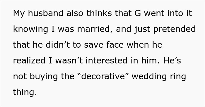 Text describing a husband's theory about a coworker's intentions, relating to a lunch invite and a possible date.