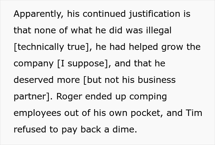 Text about boss justifying actions and partner covering employee costs Text about boss justifying actions and partner covering employee costs