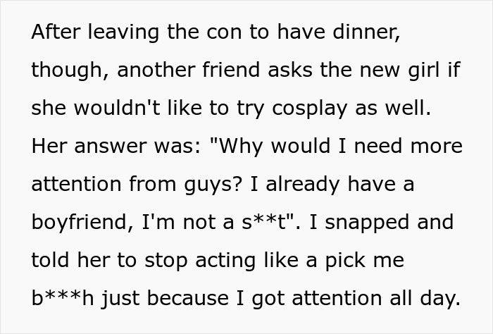 Text about confrontation over attention and cosplay at convention Text about confrontation over attention and cosplay at convention