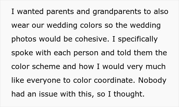 Text explaining desire for parents and grandparents to wear wedding colors for photo cohesion Text explaining desire for parents and grandparents to wear wedding colors for photo cohesion