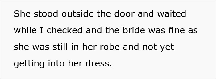 Text describing mother-in-law waiting outside bridal suite while bride gets ready Text describing mother-in-law waiting outside bridal suite while bride gets ready