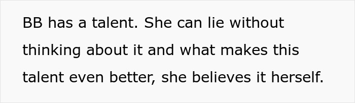 Text reads: BB has a talent. She can lie without thinking about it and what makes this talent even better, she believes it herself. Relates to son house valentines day.