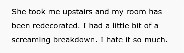 Text overlay: A sibling's room redecorated, leading to a screaming breakdown and an "I hate you" reaction.