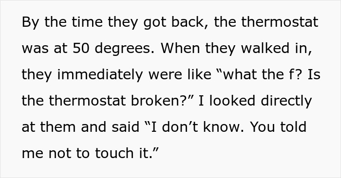 Text about thermostat left at 50 degrees to prove a point