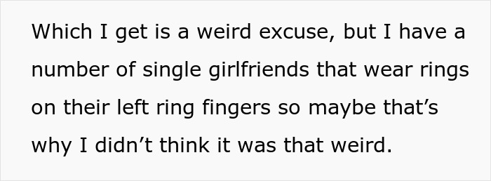 Text from article snippet about a coworker's lunch invite becoming a date, referencing women wearing rings on their left hand.