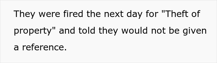 Text from an Office Food Thief story: They were fired for theft of property, impacting their firing for stealing chili. Text from an Office Food Thief story: They were fired for theft of property, impacting their firing for stealing chili.