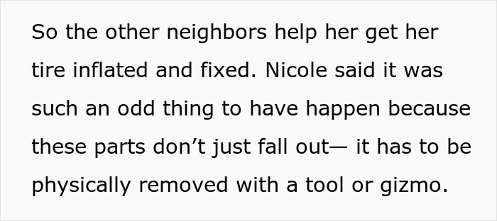 Text explaining neighbors helped inflate tire after suspicious removal