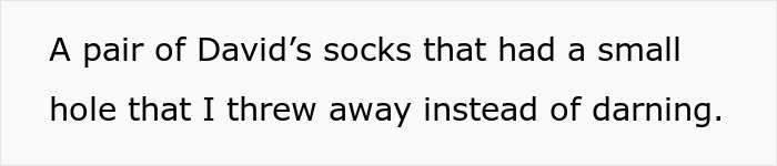 Text about thrown away socks with small holes noted by mother-in-law Text about thrown away socks with small holes noted by mother-in-law
