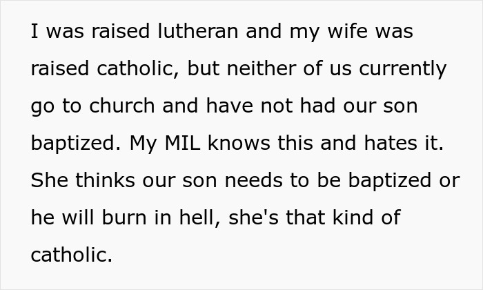 A couple's MIL believes their child must be baptized to avoid hell, leading to a major meltdown.