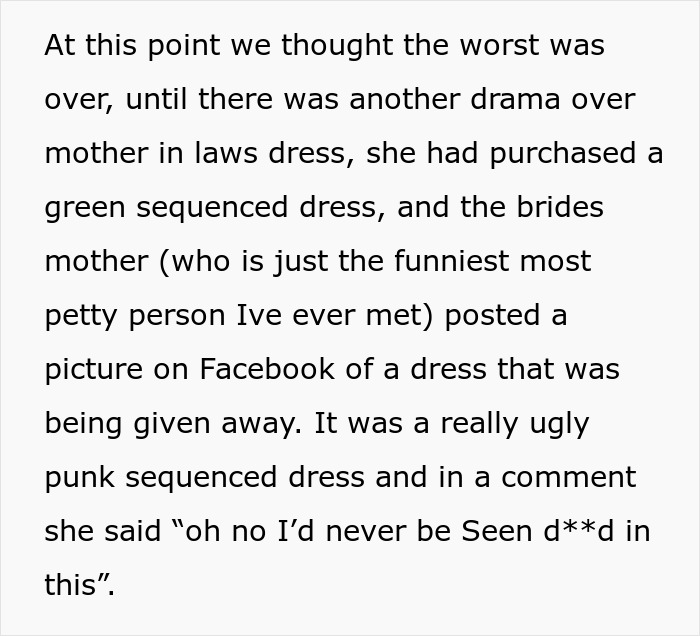 MIL drama over green sequined dress mocked by bride's mother on Facebook MIL drama over green sequined dress mocked by bride's mother on Facebook