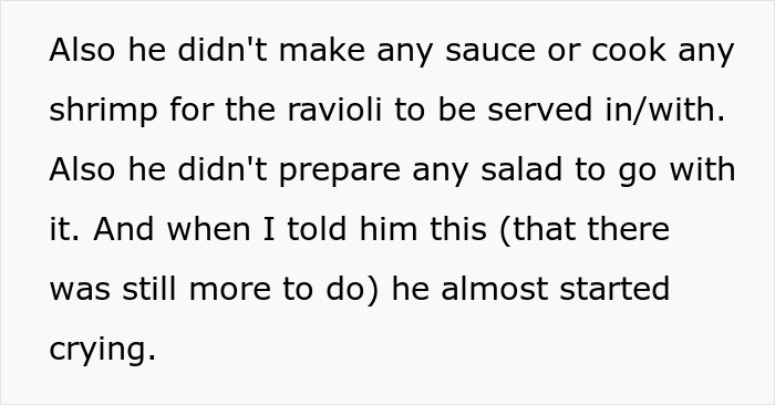 No sauce or shrimp made for ravioli, no salad prepared causing frustration