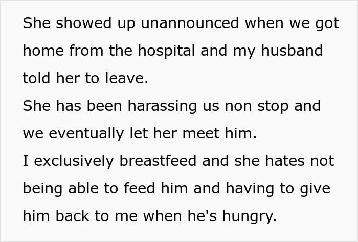 A white background with black text detailing the harassment from an unhinged MIL, highlighting her obsession with the grandchild.