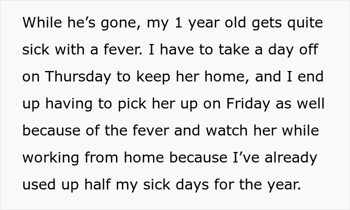 Text describing child’s fever and impact on parent's work during bachelor trip Text describing child’s fever and impact on parent's work during bachelor trip