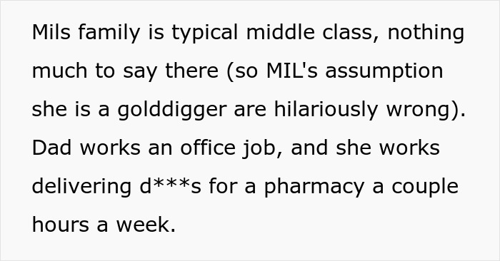 Text about middle class MIL's family and their jobs, refuting gold digger claim Text about middle class MIL's family and their jobs, refuting gold digger claim