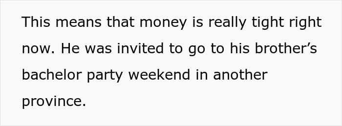 Text about husband's attendance at brother's bachelor party despite tight money Text about husband's attendance at brother's bachelor party despite tight money