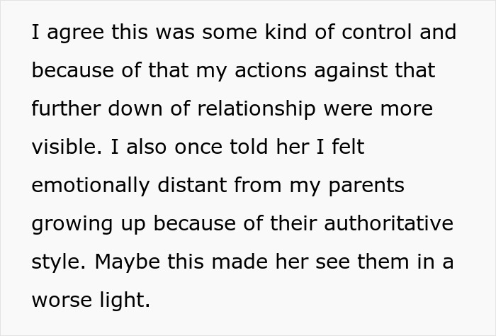 Text discussing a fianc&eacute;e's expectations for her partner to cut off his manipulative parents.
