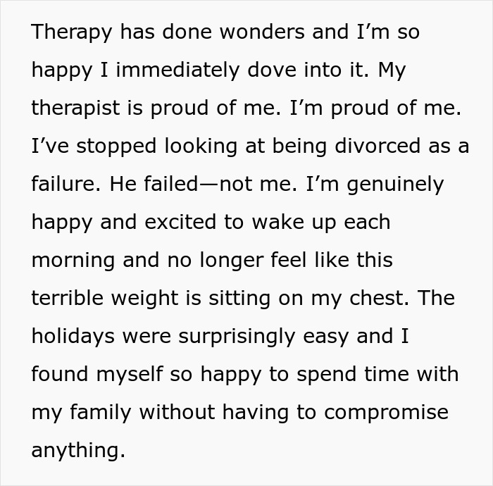 Therapy helped woman recover from divorce, feeling proud and happy in her new life