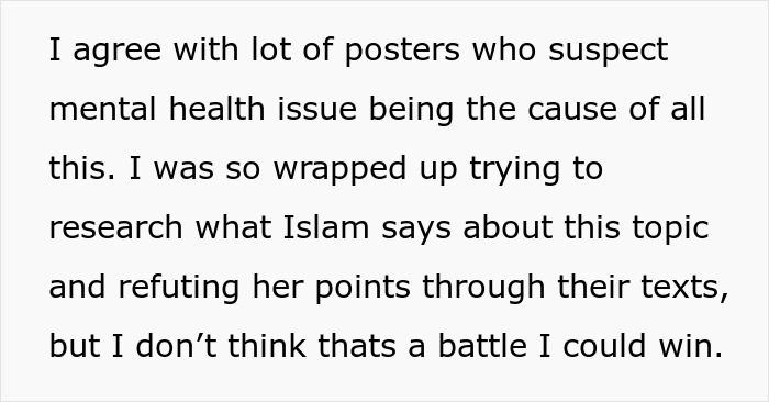 Text on a light background discussing a wife becoming Muslim and a husband's concerns about mental health issues.