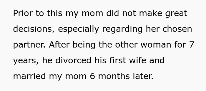 Text about mother's past relationship choices and marriage Text about mother's past relationship choices and marriage