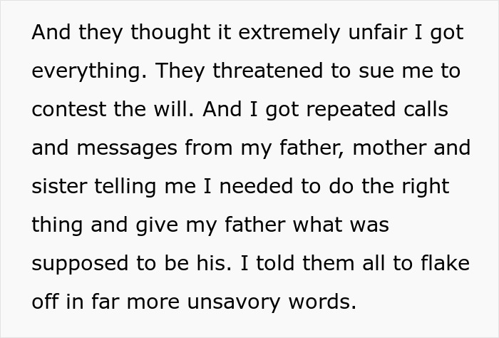 Text about parents threatening to contest will in toxic family dispute