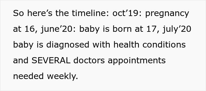 Text detailing the timeline of a SAHM's pregnancy at 16, baby's birth at 17, and subsequent health conditions needing weekly doctor appointments.