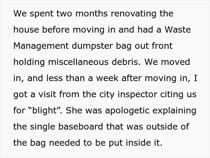 Text about city inspector citing blight after moving in