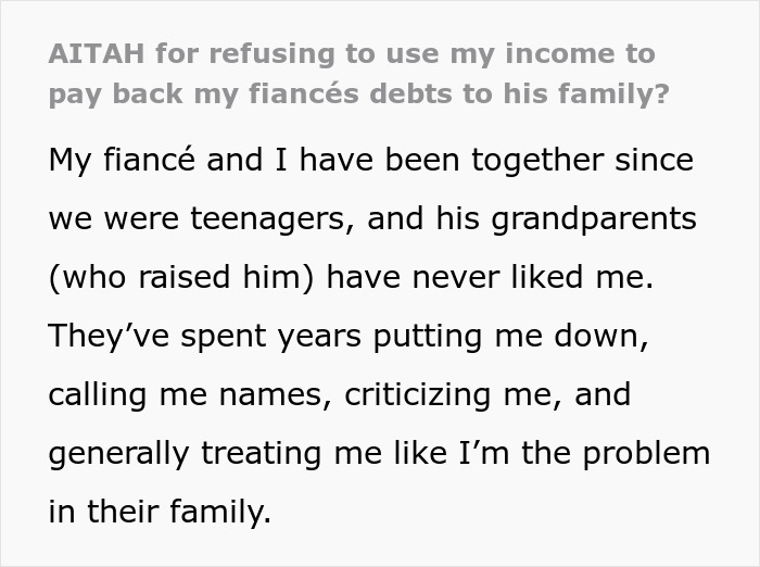 A SAHM asks if she's wrong to refuse using her income for her fianc&eacute;'s debts, citing family harassment.
