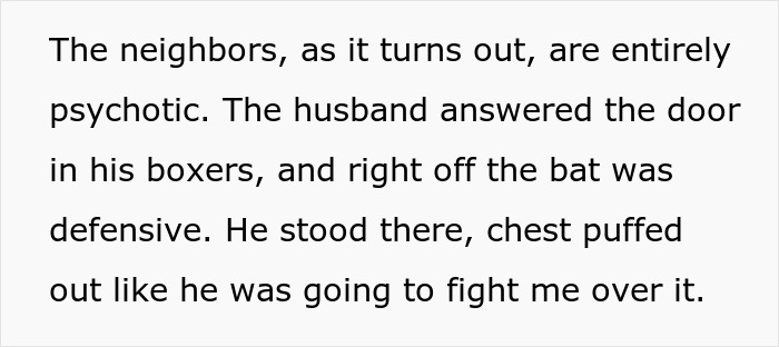 Text describing hostile neighbor reaction about fence dispute