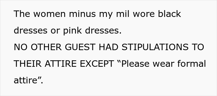 Women wore black or pink dresses, except mother-in-law, guests told to wear formal attire Women wore black or pink dresses, except mother-in-law, guests told to wear formal attire