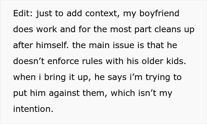 Text from an online post about a woman's frustration with being a maid for her BF's kids.