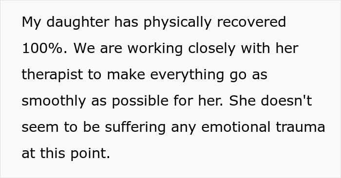 Text on a screen stating daughter's allergies recovery and therapy. No emotional trauma.