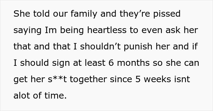 Text describing family reaction to ultimatum over sister's pregnancy
