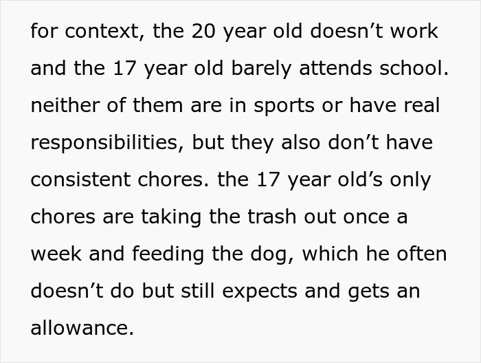 Text from an online post details children's lack of chores, relating to a woman not being a maid.