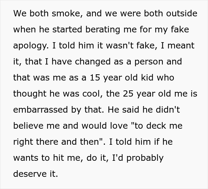 Text with a person's apology and reflection on past bullying behavior