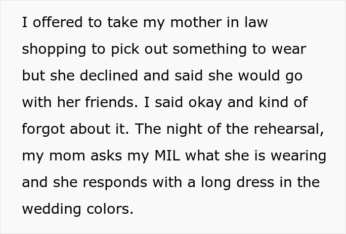 Text about mother-in-law declining shopping offer and wearing wedding colors at rehearsal Text about mother-in-law declining shopping offer and wearing wedding colors at rehearsal