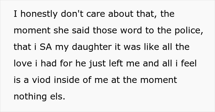 Text on a screen discussing a postpartum wife's fake allegations, leading to divorce papers for her hubby.