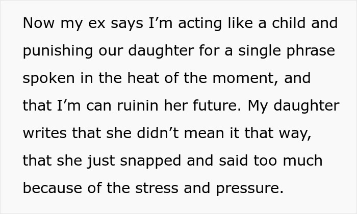 Text on a white background, discussing a dad taking away her funds. It describes the ex-spouse's argument against the punishment.
