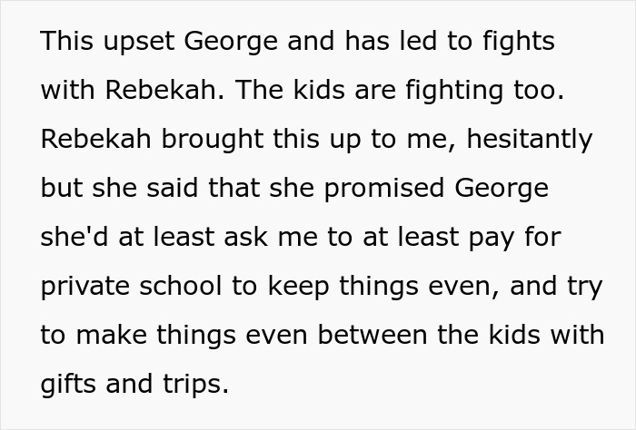 Text details how stepsiblings fight over spoiling. Parents demand to spoil them, asking for private school.