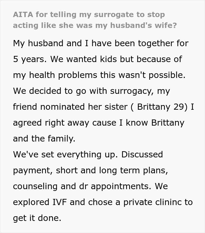 Text describing surrogate acting like husband's wife in surrogacy story Text describing surrogate acting like husband's wife in surrogacy story