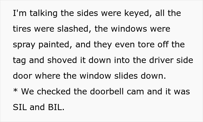 Detailed description of car vandalism linked to family feud over ruined pasta